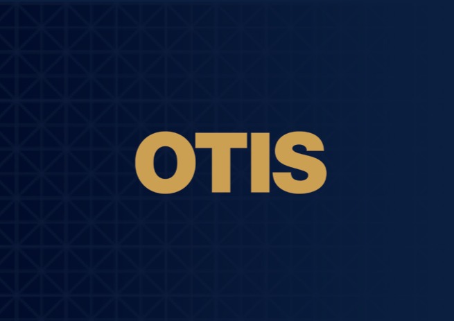 gold otis logo on blue background.